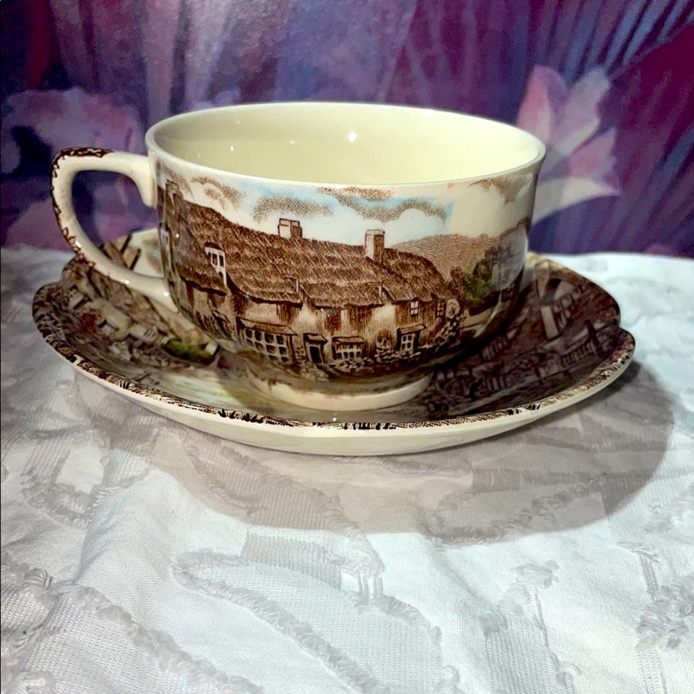 Vintage Cottage Scene Teacup and Saucer Set by Johnson Brothers